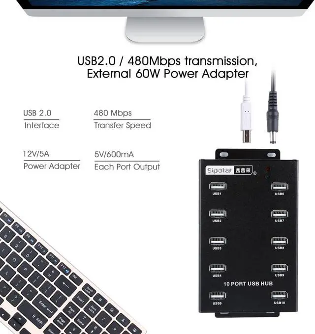Alt view image 2 of 7 - Sipolar A-300 metal 10 Ports USB 2.0 Powered Hub -USB Extension Splitter for Bitcoin Minings with 12V 5A 60W Power Adapter On/Off Switch Din-Rail