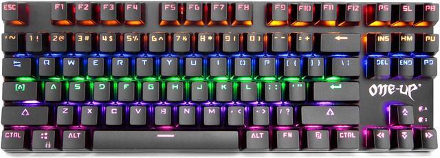 ONE-UP G300 LED Rainbow Backlit Mechanical Gaming Keyboard Small Metal Mechanical Gamers Keyboard 87 Key Computer USB Gaming Keyboard with Blue Switches for PC Gaming Black 