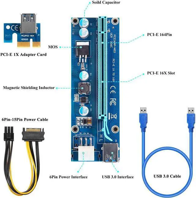 Alt view image 2 of 7 - PCI-E Riser for Bitcoin Litecoin ETH Coin Mining 6 PIN Powered PCIE Extension Cable GPU Riser Ethereum Mining ETH GPU Extension Cable PCIEX1 to PCIE X16 Extender V006C GPU Riser(6 PCS)