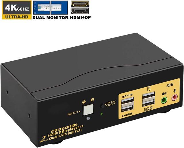 4K HDMI Switch 4K 60Hz 2 Port KVM Switch HDMI Hub for Multiple Monitors, 4  Port USB Hub, 4-Switch Methods, Displayport Switcher, Two Computers One