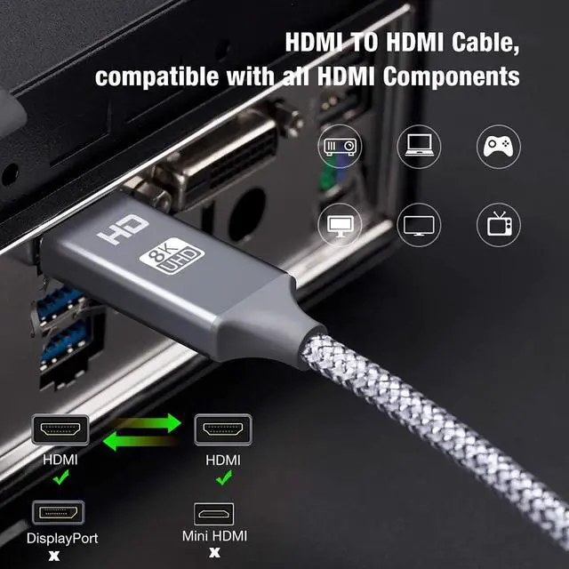 Alt view image 2 of 7 - 8K HDMI Cable ,6FT 48Gbps Ultra High Speed HDMI Cord,Compatible with Apple TV,Roku,Samsung QLED,Sony LG,Nintendo Switch,Playstation,PS5,PS4,Xbox One Series X,Ultra HD HDMI 2.1 Cable