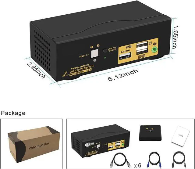 Alt view image 6 of 7 - 2 Port Triple Monitor KVM USB C, 3 Monitor KVM Switch USB-C with Audio, USB 2.0 Hub and Cables for 2 Computers/Macs/Mobile Phones Sharing 3 Monitors and Single Keyboard Mouse