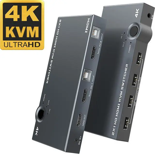 Main image of HDMI KVM Switch 2 Port, USB2.0, Ultra HD 4K @60Hz, 2 PC Share 1 Set of Keyboard, Mouse and Monitor,Support Wireless Keyboard and Mouse