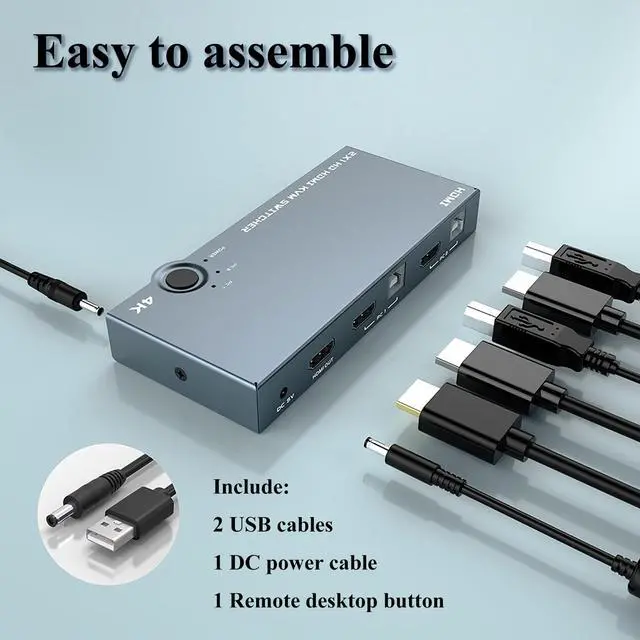 Alt view image 3 of 8 - HDMI KVM Switch 2 Port, USB2.0, Ultra HD 4K @60Hz, 2 PC Share 1 Set of Keyboard, Mouse and Monitor,Support Wireless Keyboard and Mouse