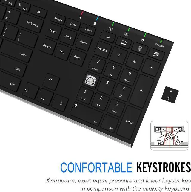 Alt view image 5 of 7 - Arteck 2.4G Wireless Keyboard Stainless Steel Ultra Slim Full Size Keyboard with Numeric Keypad for Computer/Desktop/PC/Laptop/Surface/Smart TV and Windows 10/8/ 7 Built in Rechargeable Battery
