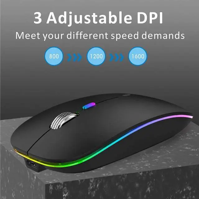 Alt view image 7 of 7 - LED Wireless Mouse, Uiosmuph G12 Slim Rechargeable Wireless Silent Mouse, 2.4G Portable USB Optical Wireless Computer Mice with USB Receiver and Type C Adapter (Matte Black)