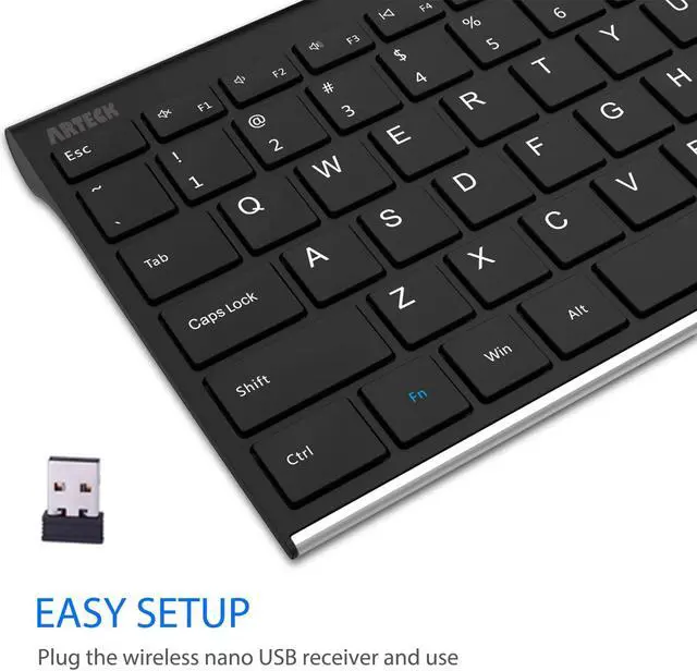 Alt view image 7 of 7 - Arteck 2.4G Wireless Keyboard Stainless Steel Ultra Slim Full Size Keyboard with Numeric Keypad for Computer/Desktop/PC/Laptop/Surface/Smart TV and Windows 10/8/ 7 Built in Rechargeable Battery