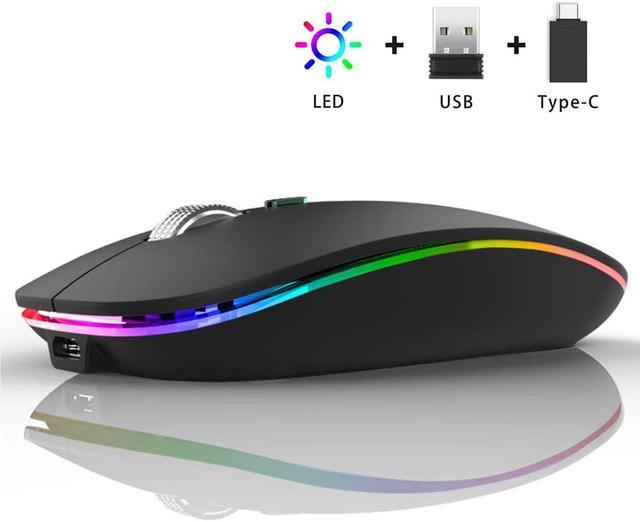 LED Wireless Mouse, Uiosmuph G12 Slim Rechargeable Wireless Silent Mouse,  2.4G Portable USB Optical Wireless Computer Mice with USB Receiver and Type  C Adapter (Matte Black) 