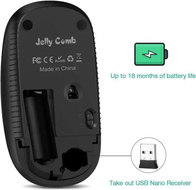 Alt view image 3 of 6 - Jelly Comb 2.4G Slim Wireless Mouse with Nano Receiver, Less Noise, Portable Mobile Optical Mice for Notebook, PC, Laptop, Computer, MacBook MS001 (Black and Silver)