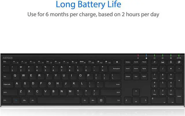 Alt view image 2 of 7 - Arteck 2.4G Wireless Keyboard Stainless Steel Ultra Slim Full Size Keyboard with Numeric Keypad for Computer/Desktop/PC/Laptop/Surface/Smart TV and Windows 10/8/ 7 Built in Rechargeable Battery