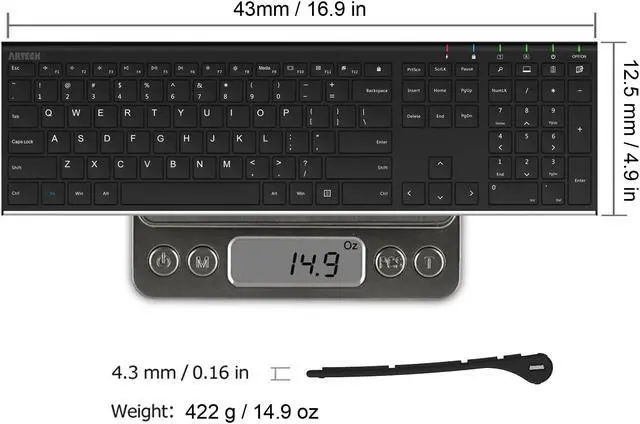 Alt view image 4 of 7 - Arteck 2.4G Wireless Keyboard Stainless Steel Ultra Slim Full Size Keyboard with Numeric Keypad for Computer/Desktop/PC/Laptop/Surface/Smart TV and Windows 10/8/ 7 Built in Rechargeable Battery