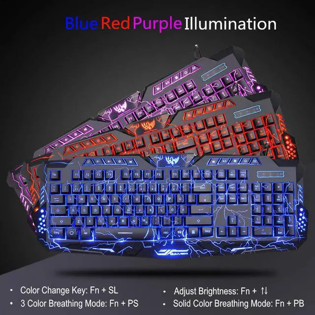 Alt view image 6 of 7 - BlueFinger Gaming Keyboard and Mouse,USB Wired Backlit Gaming Mouse and Keyboard Combo,Letters Glow, 3 Color Crack Backlit,Illumination Keyboard and Mouse Set for Game and Work