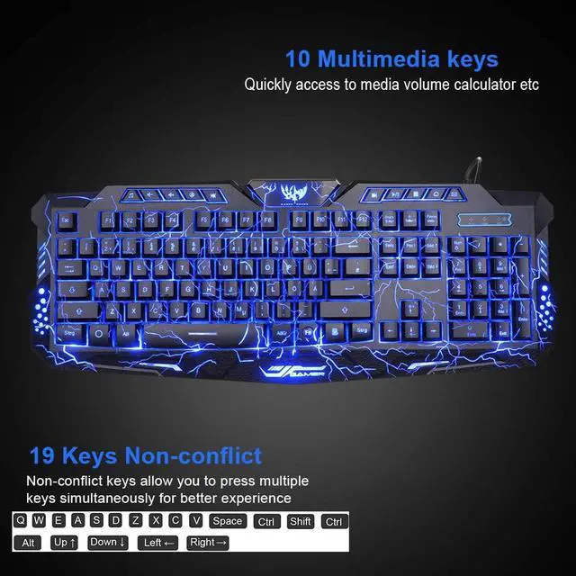 Alt view image 3 of 7 - BlueFinger Gaming Keyboard and Mouse,USB Wired Backlit Gaming Mouse and Keyboard Combo,Letters Glow, 3 Color Crack Backlit,Illumination Keyboard and Mouse Set for Game and Work