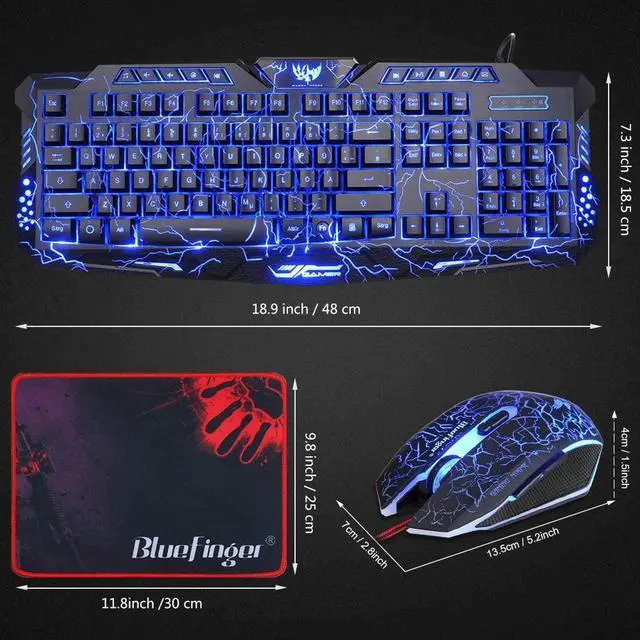 Alt view image 5 of 7 - BlueFinger Gaming Keyboard and Mouse,USB Wired Backlit Gaming Mouse and Keyboard Combo,Letters Glow, 3 Color Crack Backlit,Illumination Keyboard and Mouse Set for Game and Work