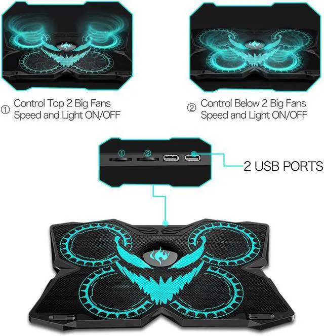 Alt view image 2 of 7 - Laptop Cooling Pad, Gaming Laptop Cooler Stand with 4 Silent Big Fans for Notebook, Stable Cooling Pad for Laptop, 2 USB Powered Fan Compatible up to 17”, Control Fan Speed for PC, 2020 New Version