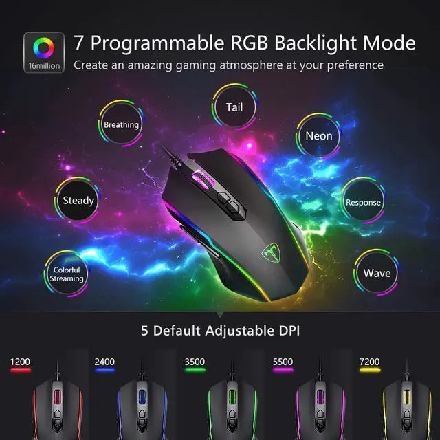 Alt view image 2 of 6 - Gaming Mouse Wired, RGB Chroma Backlit Gaming Mouse, 8 Programmable Buttons, 7200 DPI Adjustable, Comfortable Grip Ergonomic Optical PC Computer Gaming Mice with Fire Button, Sega Genesis Acces