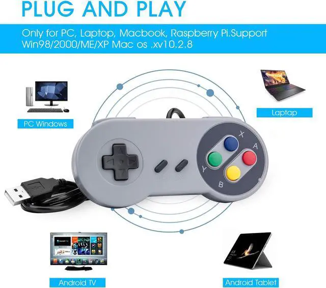 Alt view image 7 of 7 - Game Controller, SNES Retro USB Controller, Classic Gamepad Joystick, PC Super Classic Joypad Gamestick for PC, Raspberry Pi, Windows MAC Liunx, Android GP100 (Grey, 2 Packs)