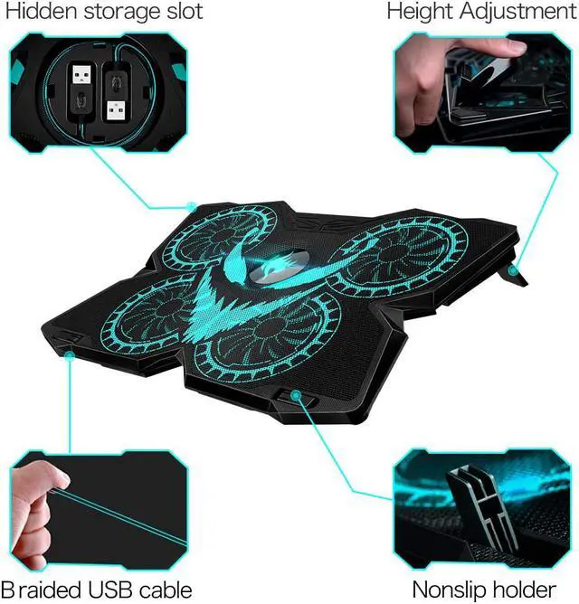 Alt view image 5 of 7 - Laptop Cooling Pad, Gaming Laptop Cooler Stand with 4 Silent Big Fans for Notebook, Stable Cooling Pad for Laptop, 2 USB Powered Fan Compatible up to 17”, Control Fan Speed for PC, 2020 New Version