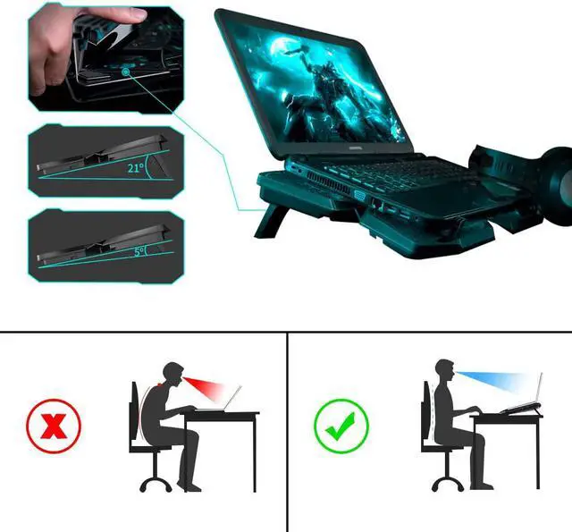 Alt view image 3 of 7 - Laptop Cooling Pad, Gaming Laptop Cooler Stand with 4 Silent Big Fans for Notebook, Stable Cooling Pad for Laptop, 2 USB Powered Fan Compatible up to 17”, Control Fan Speed for PC, 2020 New Version