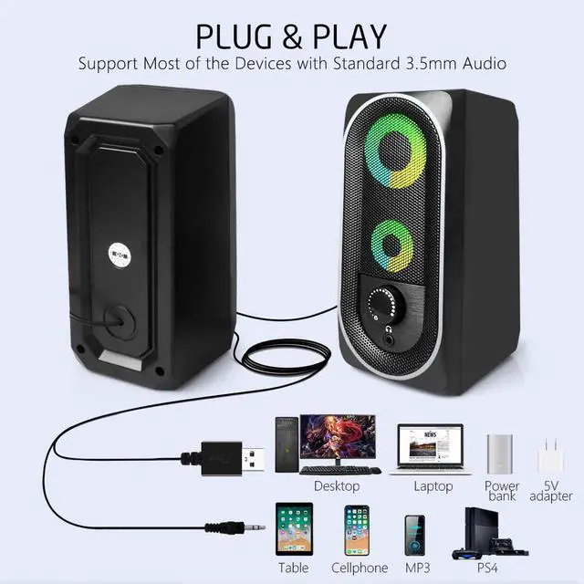 Alt view image 5 of 6 - Computer Speakers, 2.0 Stereo Volume Control with RGB Light USB Powered Gaming Speakers for PC/Laptops/Desktops/Phone/Ipad/Game Machine (5Wx2)