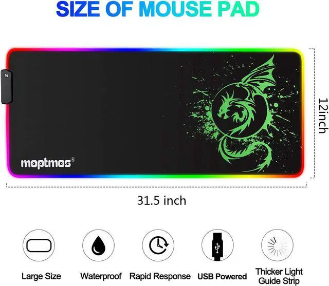 Alt view image 7 of 7 - RGB Gaming Mouse Pad, Soft Extra Large LED Mouse Pad with 15 Lighting Modes,Anime Dragon Mouse Pad Mat,Smooth Surface Waterproof Gamer Mouse Pad for Computer 31.5 X 12 Inch (Green)