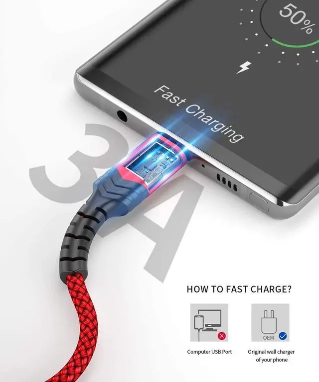 Alt view image 2 of 7 - USB Type C Cable 3A Fast Charging, (2-Pack 6.6ft+6.6ft) USB-A to USB-C Charge Braided Cord Compatible with Galaxy S10 S10E S9 S8 S20 Plus,Note 10 9 8 and Other USB C Charger(Red)