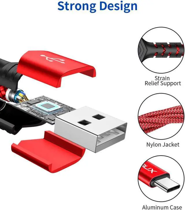 Alt view image 4 of 7 - USB Type C Cable 3A Fast Charging, (2-Pack 6.6ft+6.6ft) USB-A to USB-C Charge Braided Cord Compatible with Galaxy S10 S10E S9 S8 S20 Plus,Note 10 9 8 and Other USB C Charger(Red)