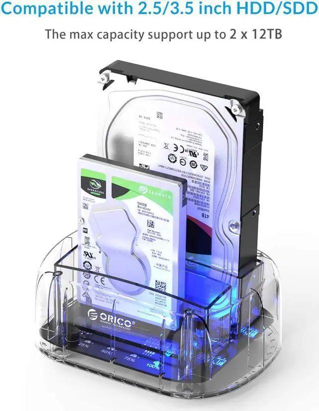 Alt view image 5 of 7 - USB 3.0 to SATA I/II/III Dual Bay External Hard Drive Docking Station Transparent Hard Drive Enclosure for 2.5 or 3.5 in HDD SSD with Offline Clone/Duplicator Function [ 24TB Support ]