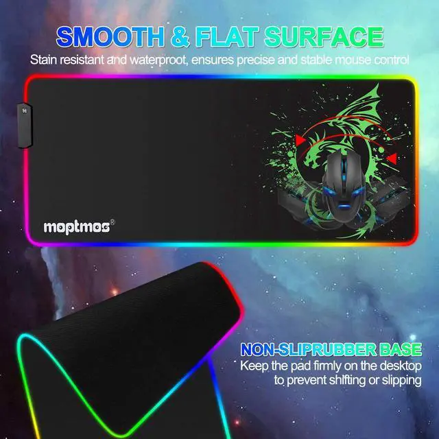 Alt view image 3 of 7 - RGB Gaming Mouse Pad, Soft Extra Large LED Mouse Pad with 15 Lighting Modes,Anime Dragon Mouse Pad Mat,Smooth Surface Waterproof Gamer Mouse Pad for Computer 31.5 X 12 Inch (Green)