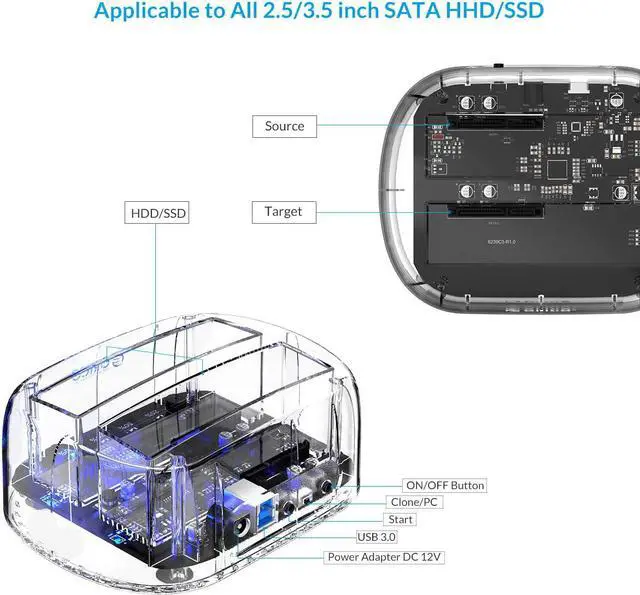 Alt view image 4 of 7 - USB 3.0 to SATA I/II/III Dual Bay External Hard Drive Docking Station Transparent Hard Drive Enclosure for 2.5 or 3.5 in HDD SSD with Offline Clone/Duplicator Function [ 24TB Support ]