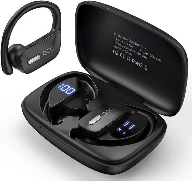 Main image of Bluetooth Headphones-True Wireless Earbuds 48Hrs Playtime Earphones TWS Deep Bass Loud Voice Call Over Ear Waterproof with Microphone Smart LED Display for Sports Running Gaming Workout-Black