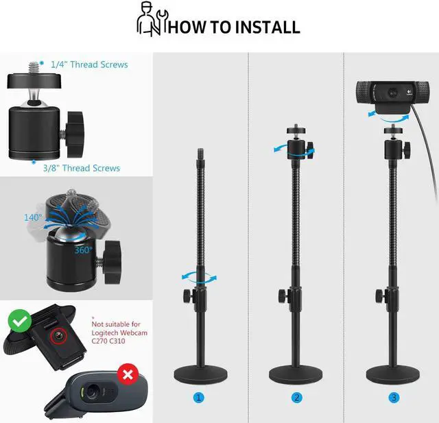 Alt view image 5 of 7 - Webcam Stand, Upgraded Flexible Desktop Stand Gooseneck Stands Holder for Logitech Webcam C922 C930e C920S C920 C615 C960 and BRIO and Other Devices with 1/4" Thread