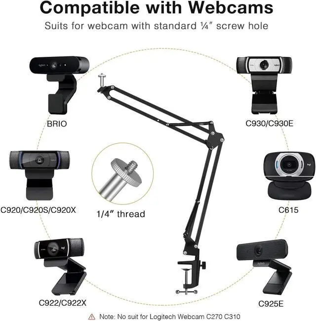 Alt view image 6 of 7 - Webcam Stand, Suspension Boom Scissor Arm Stand for Logitech Webcam BRIO C920 C920S C922 C922x C925e C930 C930e, 1/4"-3/8" and 3/8"-5/8" Screw for Blue Yeti Snowball Yeti Nano and Other Mics