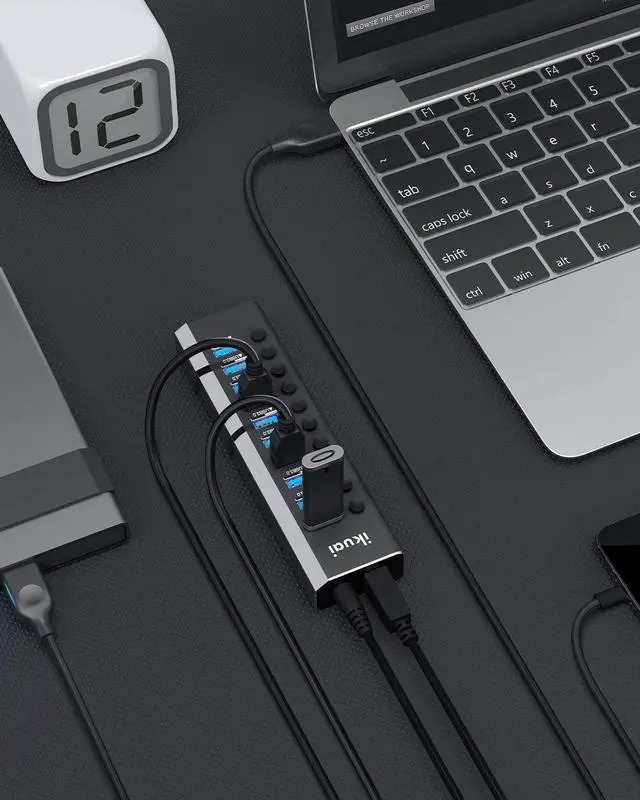 Alt view image 3 of 7 - Powered USB Hub 3.0, 10 Port USB 3.0 Data Hub Aluminum USB Splitter with 36W(12V/3A) Power Adapter and Individual On/Off Switches (Black)