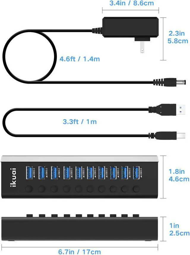 Alt view image 5 of 7 - Powered USB Hub 3.0, 10 Port USB 3.0 Data Hub Aluminum USB Splitter with 36W(12V/3A) Power Adapter and Individual On/Off Switches (Black)