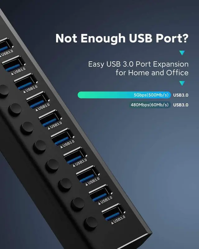 Alt view image 2 of 7 - Powered USB Hub 3.0, 10 Port USB 3.0 Data Hub Aluminum USB Splitter with 36W(12V/3A) Power Adapter and Individual On/Off Switches (Black)