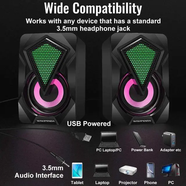 Alt view image 3 of 7 - Computer Speakers X2 Wired PC Speaker 2.0 USB Gaming Powered Stereo Mini Multimedia Volume Control with RGB Lights 3.5mm Aux Input for Phone Tablets Desktop Laptop