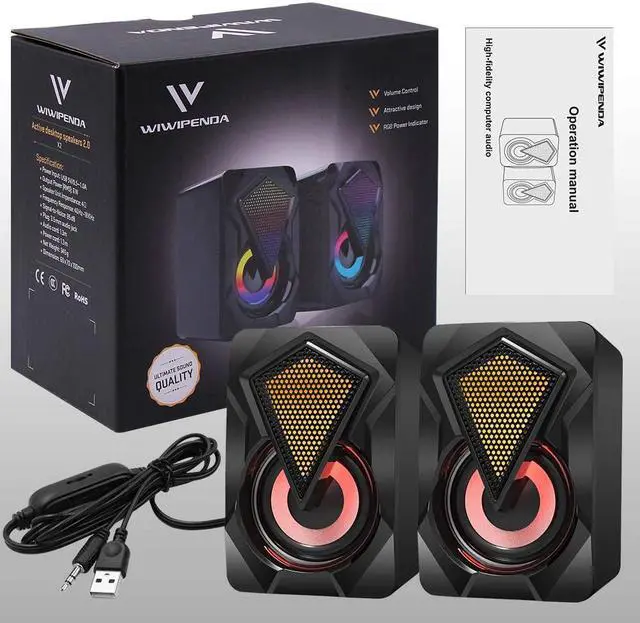 Alt view image 7 of 7 - Computer Speakers X2 Wired PC Speaker 2.0 USB Gaming Powered Stereo Mini Multimedia Volume Control with RGB Lights 3.5mm Aux Input for Phone Tablets Desktop Laptop