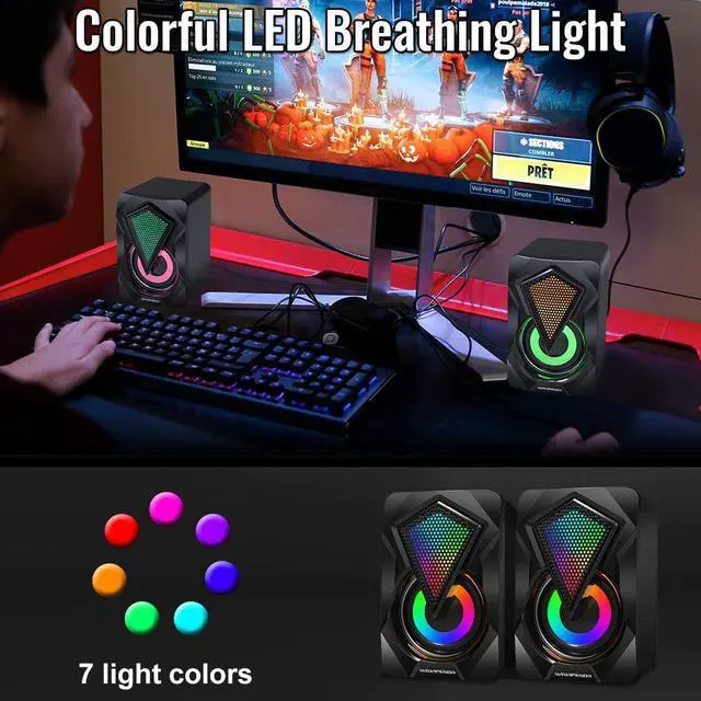 Alt view image 4 of 7 - Computer Speakers X2 Wired PC Speaker 2.0 USB Gaming Powered Stereo Mini Multimedia Volume Control with RGB Lights 3.5mm Aux Input for Phone Tablets Desktop Laptop