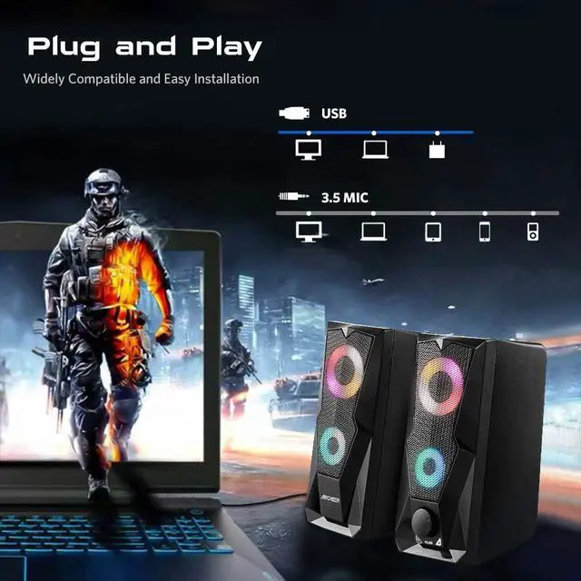 Alt view image 6 of 7 - Computer Speakers 10W RGB Gaming PC Speaker with Enhanced Stereo Colorful LED Light, Dual-Channel Multimedia USB Powered Gaming Speakers for PC Desktop Laptop Tablet Smartphones.