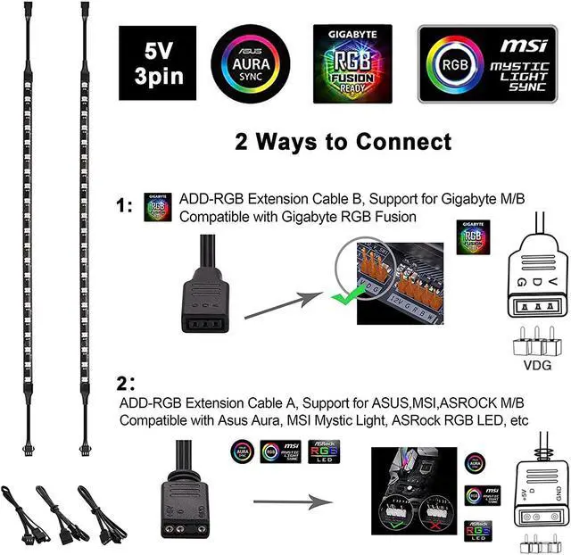 Alt view image 6 of 6 - Addressable PC RGB LED Strip, Magnetic Rainbow PC Case Lighting, 2PCS Strips 42LEDs for 5V 3-pin ARGB LED headers, for ASUS Aura SYNC, Gigabyte RGB Fusion, MSI Mystic Light Sync Motherboard