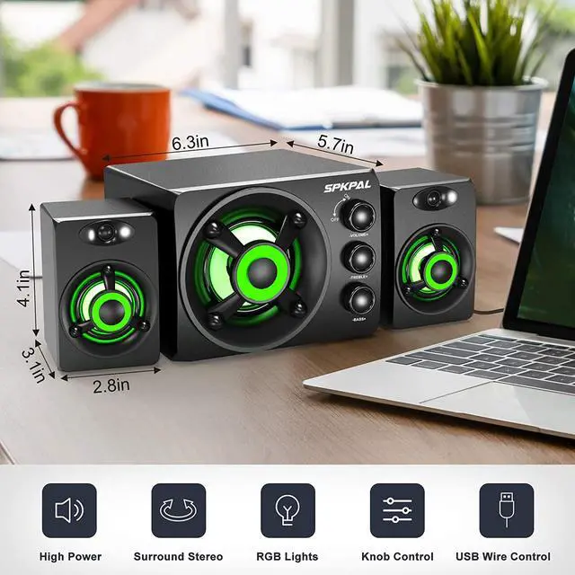 Alt view image 3 of 7 - Computer Speaker with Subwoofer  USB-Powered 2.1 Multimedia Speakers System,3.5mm Aux Input with LED Atmosphere Light Stereo Wired Desktop Speaker for Gaming PC,Laptops,Tablets