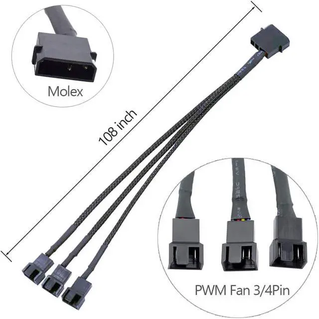 Alt view image 2 of 7 - 2PCS 4 Pin PWM Fan Extension Cable and 4-Pin IDE to 3X 4-Pin Fan Connector, Sleeved Braided Y Splitter, for Computer PC 4 Pin Fan Extension Power Cable, Cooling Fans Cable
