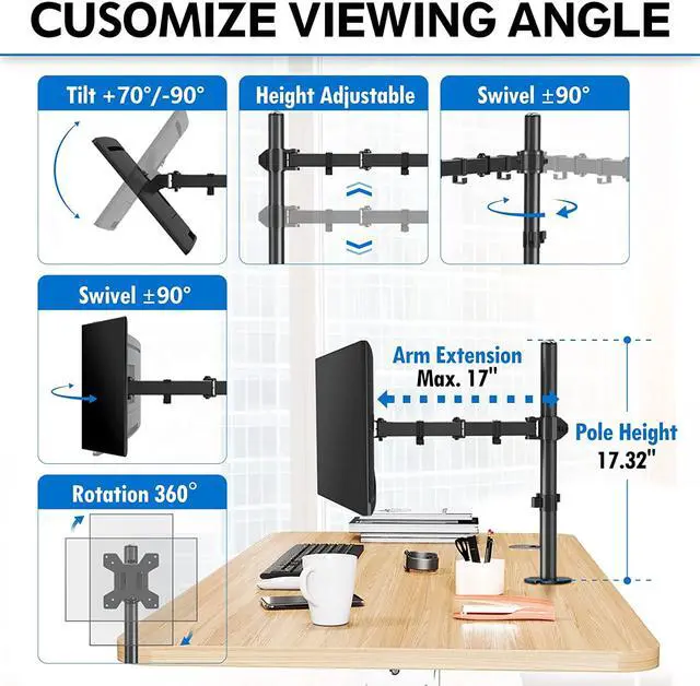 Alt view image 6 of 7 - Single Monitor Desk Mount, Fully Adjustable Single Monitor Arm Stand, Computer Screen Mount for 1 Max 32 Inch Display, Monitor Stand with Clamp&Grommet Base, Fit VESA 75x75/100x100,