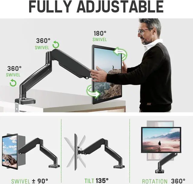 Alt view image 6 of 7 - Single Monitor Desk Mount - Adjustable Gas Spring Monitor Arm, VESA Mount with C Clamp, Grommet Mounting Base, Computer Monitor Stand for Screen up to 32 inch