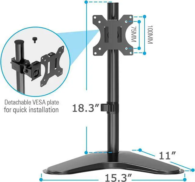 Alt view image 4 of 7 - Single Monitor Stands, Freestanding VESA Monitor Desk Mount fits 13 to 32 inch Computer Screen with Height Adjustable, Swivel, Tilt, Rotation, VESA 75x75 100x100