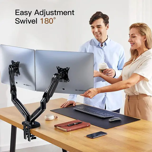 Alt view image 4 of 7 - Dual Monitor Stand, Adjustable Spring Monitor Desk Mount Swivel Vesa Bracket with C Clamp/Grommet Mounting Base for 17 to 27 Inch Computer Screens, Each Arm Holds 4.4 to 14.3lbs
