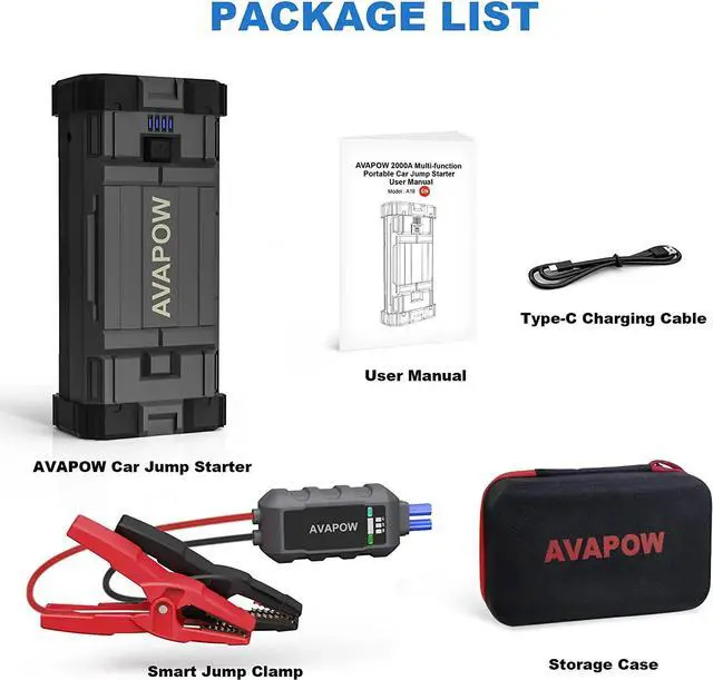 Alt view image 6 of 6 - Jump Starter 2000A Peak 18000mAh Portable Battery Jump Starter for Car with Dual USB Quick Charge 3.0(Up to 8.0L Gas or 6.5L Diesel),12V Jump Box,Compact Lithium Car Power Pack