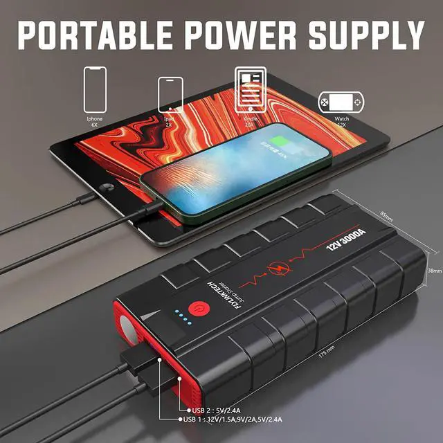 Alt view image 2 of 7 - Car Jump Starter 3000A Peak 12V (Up to 10.0L Gas or 9.0L Diesel Engine) Auto Battery Booster Portable Battery Starter Power Pack Quick Charge 3.0 USB Built-in LED