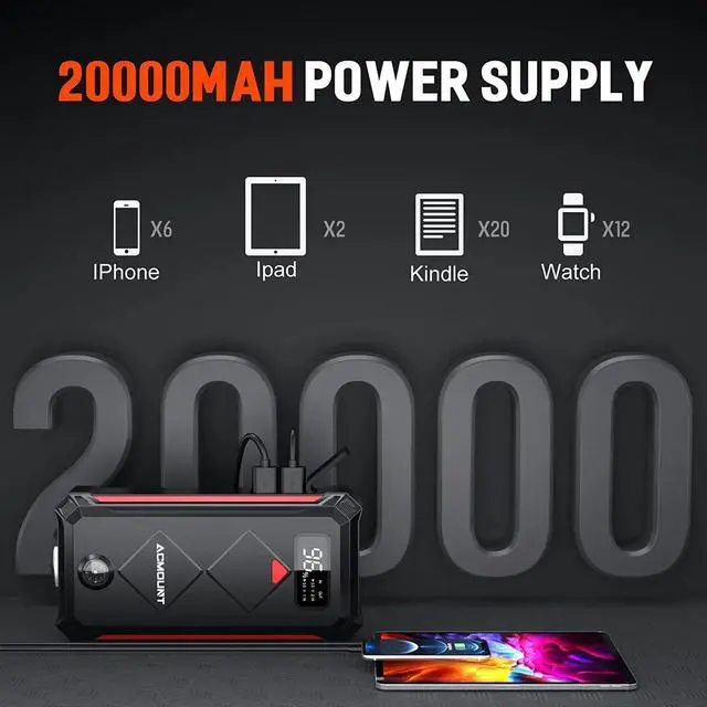 Alt view image 4 of 7 - Car Jump Starter, 2000A Peak 20000mAh Lithium Jump Starter Battery Pack for Up to 9L Gas or 7L Diesel Engine, SuperSafe 12V Portable Battery Starter Power Pack with LED Screen & LED Light